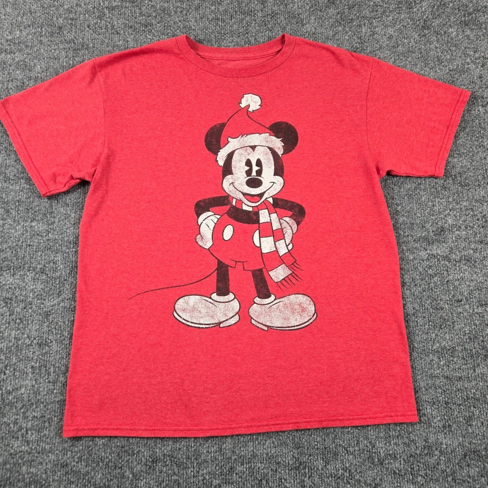 Disney Mickey Mouse Christmas T Shirt Boys Large Red Santa Hat Holiday Tee